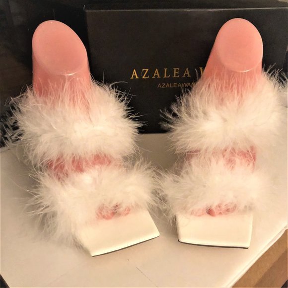 AZALEA WANG White Fluffy Slip-on Open Toe Clear Stiletto Heels NEW in Box Size 9 - Picture 4 of 8